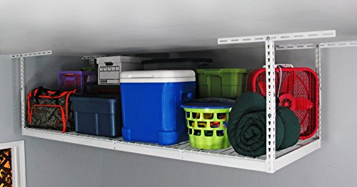 Saferacks – 3X8 Overhead Garage Storage Rack - Height Adjustable Steel Overhead Storage Rack - 500 Pound Weight Capacity (White, 18"-33") #TOP2