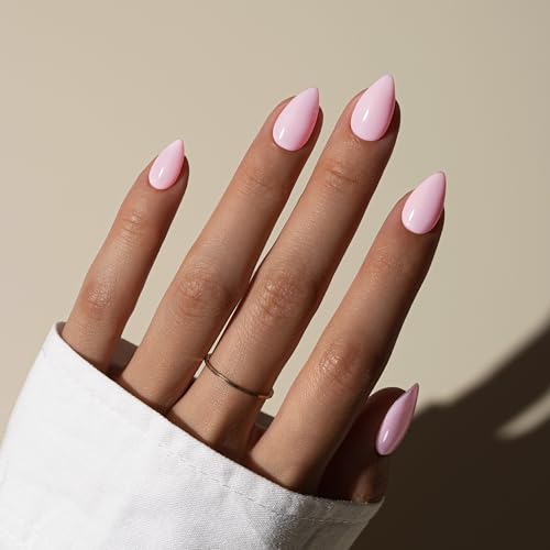 KQueenest Baby Pink Press On Nails Short - Acrylic Press On Nails Almond, Sheer Fake Nails Pastel Light Pink, Glossy Opaque, Stiletto Reusable Soft Gel Glue on Nails for Women, 30 Pcs