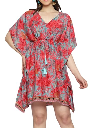 Image of KE KANHA EXPORTS Kaftan Dress|kafthan Dress for Women|Kaftan Kurti for Women|Beach wear Dress for Women|Boho Beach|Border Print Drawstring Tassel|Printed|Easily fits M to XXL|Bust32-42in Length36in