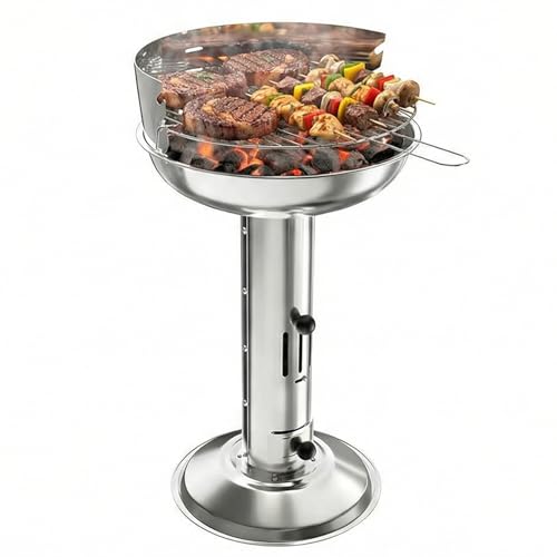 TLGREEN Barbecue à charbon de bois en acier inoxydable, Barbecue à colonne 40 * 40 * 69cm, Hauteur réglable en 3 directions, avec grille de chromée,Cendrier et ventilation, Pour Outdoor, Camping, BBQ