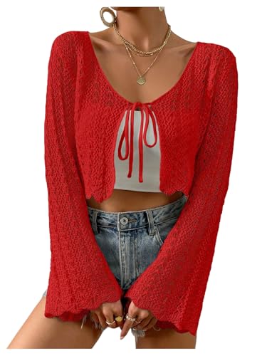 Image of Verdusa Women's Tie Front Crop Cardigan Bell Long Sleeve Scalloped Lightweight Knit Tops Summer Beach Cover Up