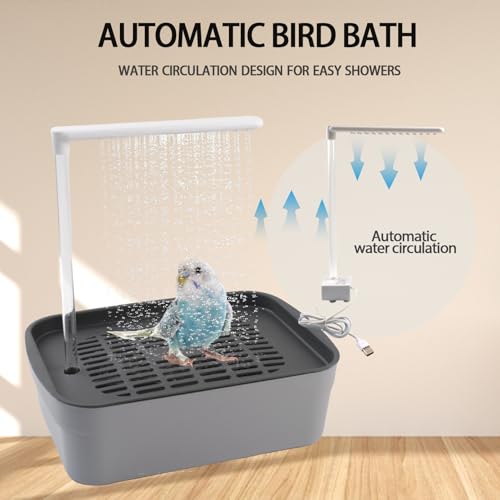 Image of PINVNBY Automatic Bird Bath Shower for Cage,Parrot Bath Box with Pump,Parakeet Bathtub Electric Fountain Circulating Water Contains USB Power Plug for Cockatiel Lovebird Conure Budgie(Gray)