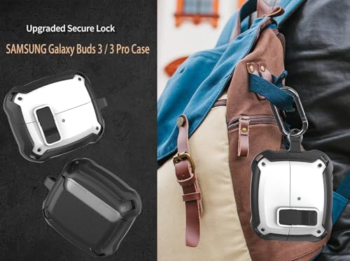Image of Galaxy Buds 3 Pro /3 /3 FE Case Cover with Secure Lock Clip, Shockproof Samsung Galaxy Buds3 /3 Pro 2024 /3 FE 2025 Protective Hard Cover Shell with Carabiner&Cleaner kit for Men Women, Black /White