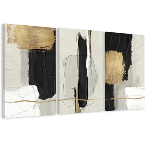 Image of DUWQU Abstract Brushstrokes Canvas Wall Art Black White Gold 24x36 inch x3 | Wooden frame, UV-resistant ink, Giclee printing process, Pre-installed hooks make it easy to hang home or office wall decor