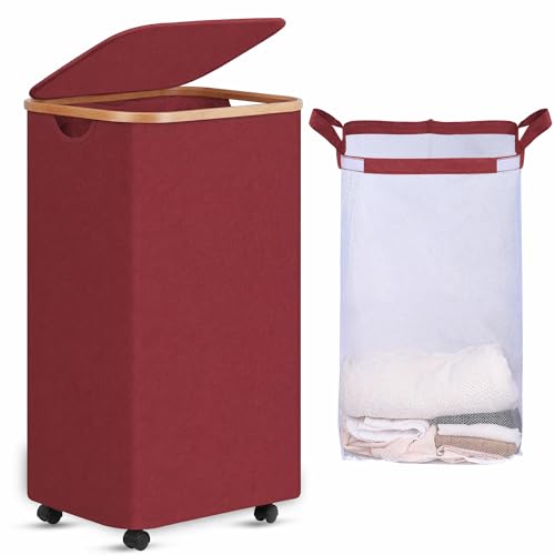 Image of efluky Laundry Basket with Wheels, Tall Rolling Laundry Hamper with Lid and Removable Bag, Aesthetic Dirty Clothes Hamper on Wheels for Laundry Room, Bedroom, Dorm and Bathroom, 100L Red