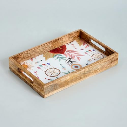Image of SAAGA Rectangle Deep Dish Tray with Double Handle for Snack Serving in Attractive Prints - 12 Inch X 8 Inch - Mango Wood Kitchen Dining & Decoratives, Burnt Sienna