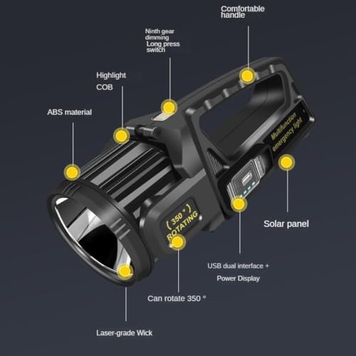 1300000 L Spotlight, Rechargeable Led Spotlight Flashlight with 350° Rotate Head, 9 Modes Super Bright Spot Lights Outdoor Handheld, IPX6 Waterproof Solar Flashlight for Emergencies - image 7