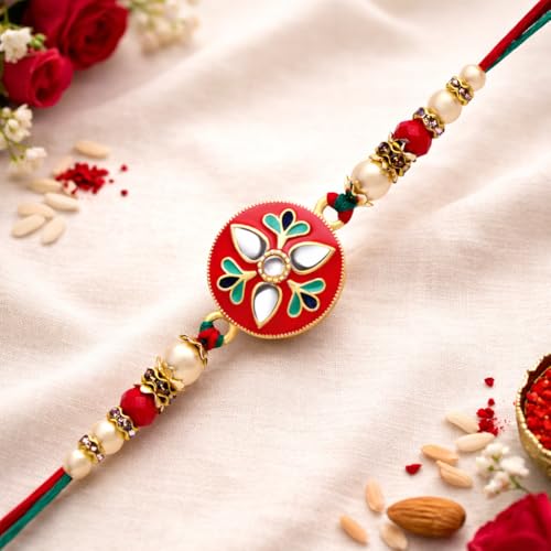 Image of Riddhika Ventures Glorious Gold Plated Auspicious Diamond Ring Rakhi with Roli Chawal and Greeting Card