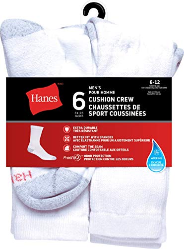 Hanes Men's Crew Socks Half Barrel Socks, White, 6 Men, White, 62