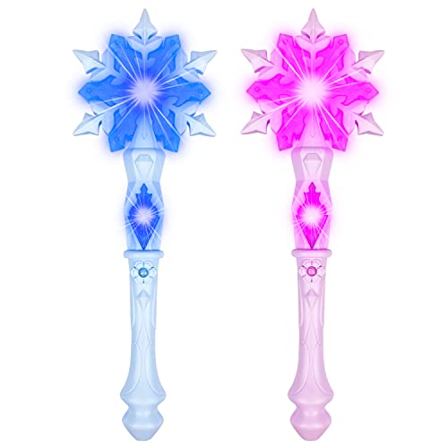 KingGlee Light Up Frozen Snowflake Wand with Sound(Motion Sensitive) Magic Toy for Kids Girls Princess Party Favors Costume Cosplay Accessories 2 Pieces Blue & Pink