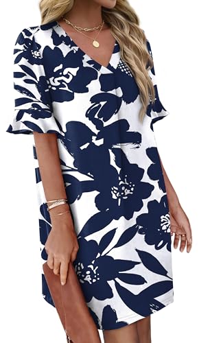 Image of OFEEFAN Summer Dresses for Women Ruffle Short Sleeve V Neck Casual Shift Dress with Pockets
