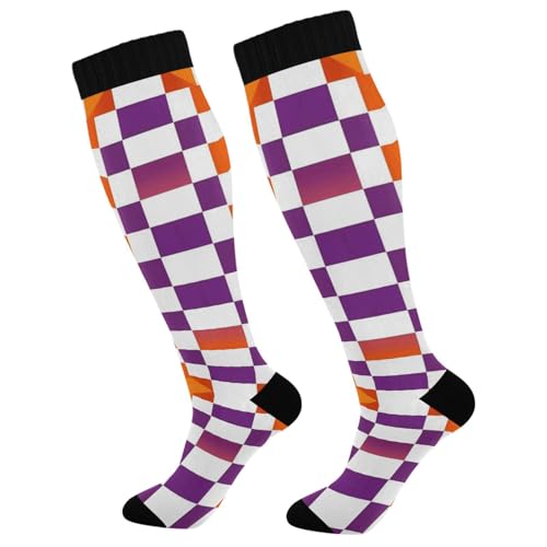 Dussdil Orange Purple Halloween Plaid Compression Socks for Women Men Circulation Long Knee Sock for Big Kids Teen Sport Gym Running Stockings