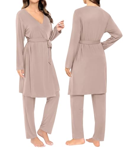 Image of SWOMOG Maternity Nursing Robe Set 3 Piece Breastfeeding Pajamas 3 in 1 Labor Delivery Sleevless Tops&Long Pants Pregnancy Pjs