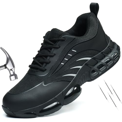 Image of Steel Toe Work Shoes for Men, PU Sole Tennis Upper with Print Lace-up Style, Safety Non Slip Comfortable Shoes for Industrial or Construction