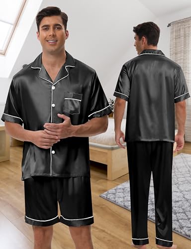 Silk Pajamas for Men 3 Piece Mens Summer Satin Pajamas Set Short Sleeve Men's Sleepwear with Pants Eye Mask2