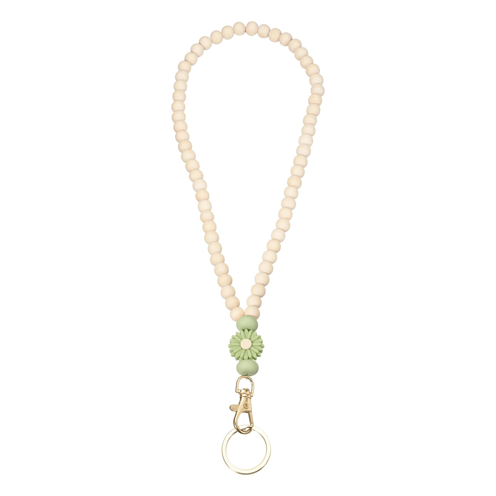PATIKIL Wood Beaded Lanyard, 370mm Cute Flower Wooden Teacher Lanyards for Women Key Ring for ID Badges Holder Keychain Office Worker, Green