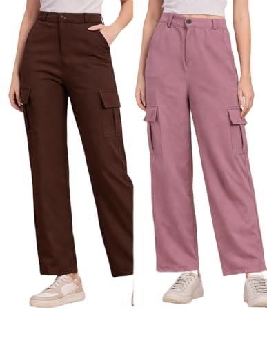 Image of Women's Cargo Pants High Waisted Baggy Wide Leg Cargo Trousers Casual Loose Fit 4 Pocket Utility Streetwear Fashion Work Bottoms, White Black Pink Lavender Beige Brown