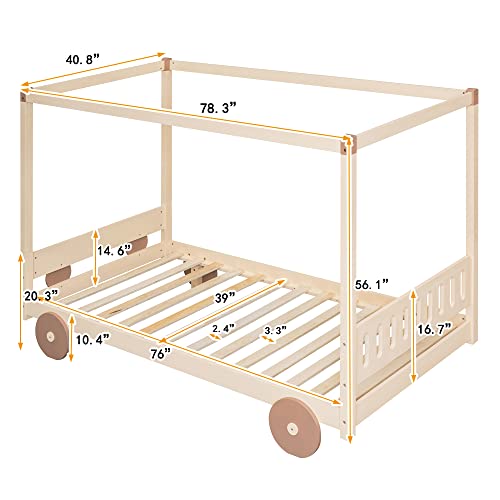 Harper & Bright Designs Twin Size Canopy Car-Shaped Platform Bed Frame For Kids Natural+Brown #TOP1