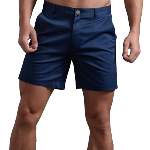 Mens All Cotton Buckle Short Above Knee Simple Slim Fit Shorts Straight Leg Skinny Stretch Short (Dark Blue,Large)