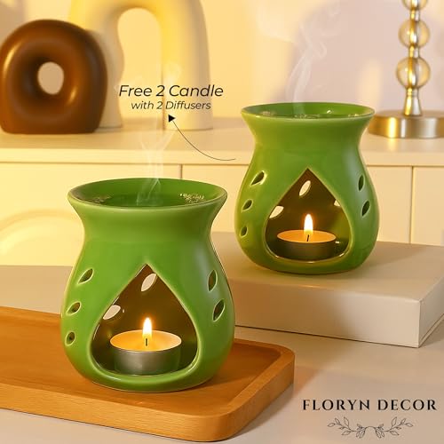 Image of Floryn Decor Ceramic Diffuser with Free 2 Tealight Candles | Home Fragrance, Spa, Office & Yoga | Aromatherapy Gift Set of 2 (Green)