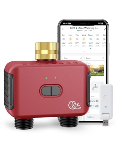 GIEX WiFi GX-03 - Irrigatore a 2 zone con timer intelligente, per irrigazione da giardino, funziona con app Tuya e app Smart Life (WiFi)