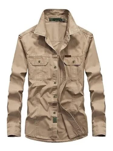 Camisa Militar Carga Masculina Manga Longa Com Botão ECOCOZY (Cinza,GG)