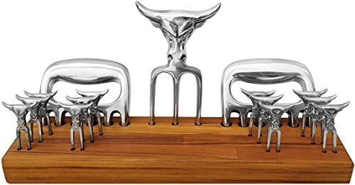 Kit Churrasco Garra Garfo Tridente Mini Base Madeira (Tridente + 12 Mini + Base)