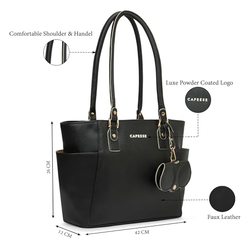 Image of Caprese Lexi Medium Tote Bag for Women | Solid Faux Leather Shoulder Handbag with Zipper Closure | External Eyewear /Sunglass Charm Case | Stylish Bag for Office & Everyday Use