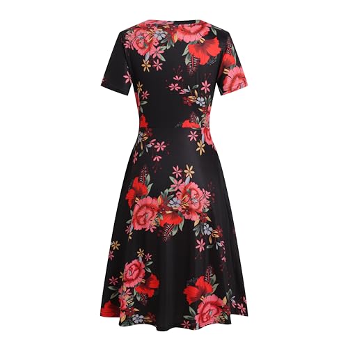 Image of Women's 2026 Fit and Flare Dress Summer Casual Elegant Vintage Floral Printed Work Party A-line Dress with Pockets 162
