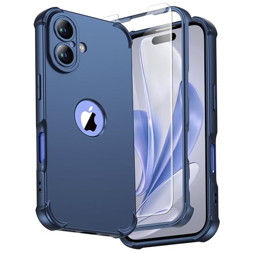 Image of ORETECH 3 in 1 for iPhone 16 Case with 2 x 9H Screen Protector,Blue | Full Body Shockproof Design Smooth Texture,15FT Military Grade, Camera Lens Shield, with Armor Front Frame Protection