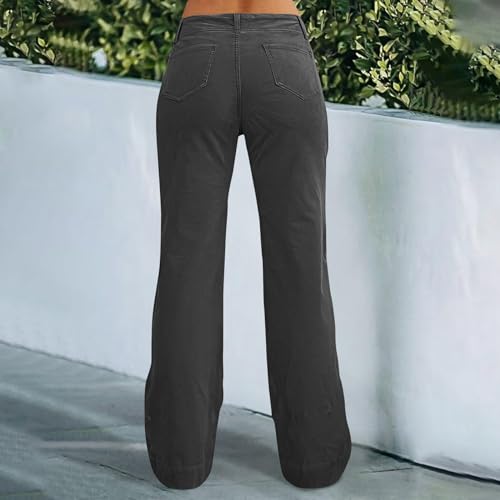 Twill Jeans for Women Straight Leg Button Low Rise Pull on Cargo Pants Baggy Casual Lightweight Flared Jeans w/Pocket3