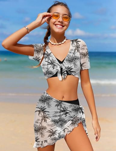 Girls Swimsuit 4 Piece Tropical Print Bikini Set Twist Criss Cross Bathing Suit with Kimono and Cover Up 9-16Y4
