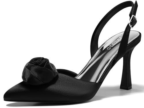 Coutgo Womens Slingback High Heels Closed Pointed Toe D'Orsay Satin Buckle Pumps Flower Wedding Dress Shoes