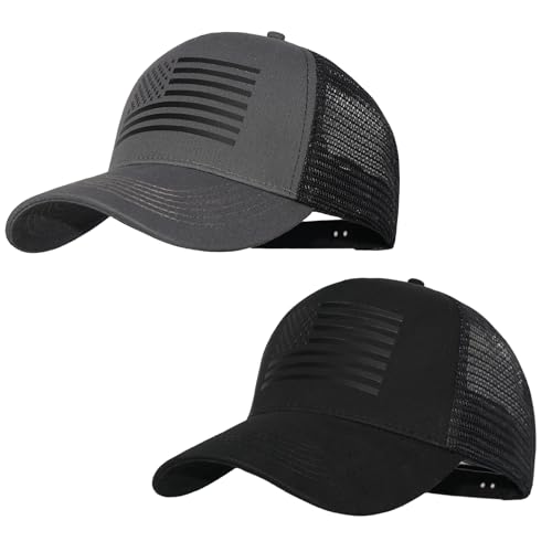 American Flag Trucker Hats, USA hat for Men and Women - Outdoor Mesh Snap Back, Adjustale Baseball Cap - for Daily Use (US, Alpha, One Size, Dark Grey/Black & Black/Black)