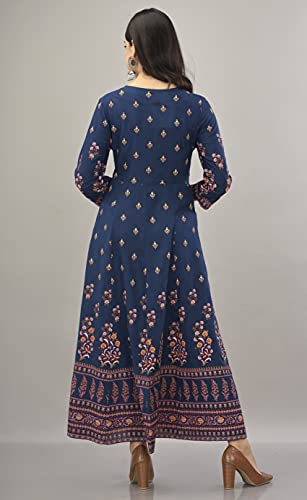 Image of Aj Art Anarkali Kurti for Women and Girls Floral Golden Print Regular Slim Fit Rayon Blue (Set of 1)