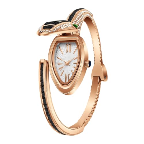 Image of Women's Gold Bracelet Watch | Snake Coil Cuff Style | Crystal Studded Oval Dial | Elegant Jewellery Watch for Women & Girls | Party, Wedding & Festive