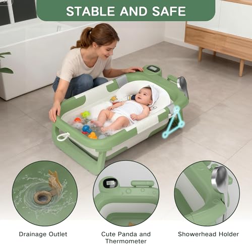 Image of Foldable Baby Bathtub for Newborn to Toddler (0-24 Months), Portable Baby Bath Tub for Travel, Collapsible Baby Tub with Soft and Supportive Cushion (Astronaut-Green)