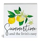 Farmhouse Summer Time and the Livin's Easy Wooden Box Sign Summer Lemon Wood Block Tabletop Sign Decorative Desk Sign Home Kitchen Shelf Decor 5 X 5 Inches