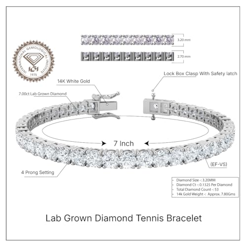 IGI Certified 3.00-10.00 Carat Lab Grown Diamond Tennis Bracelet for Women 14K Solid White Gold Prong Setting Push Safety Lock Clasp Round Cut Jewelry Size 7" (E-F Color, VS1-VS2 Clarity)4