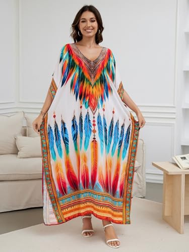 Image of IMAGEKOPE Women's Plus Size Loose Fit Moroccan Print V-Neck Batwing Kaftan Beach Dress Bathing Suit Cover Up