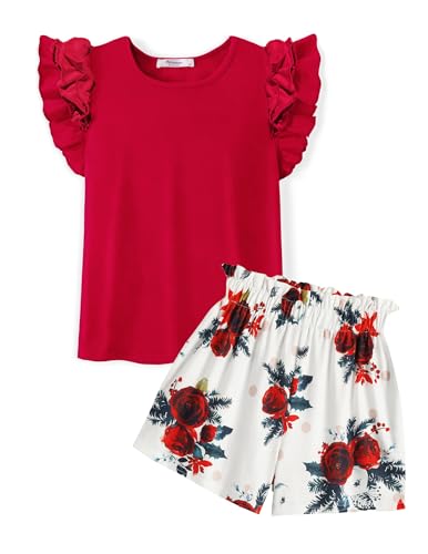Image of Arshiner Teenage Girl Clothes Two Piece Summer Outfits Short Sleeve Shirts and High Waist Paper Bag Short Set,13-14 Years, Red-flower