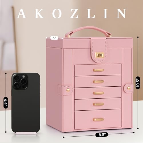 AKOZLIN Large Jewelry Box Organizer Functional with Big Mirror, Leather Jewelry Storage Case for Women Girls Ring Necklace Earring Bracelet Holder Organizer