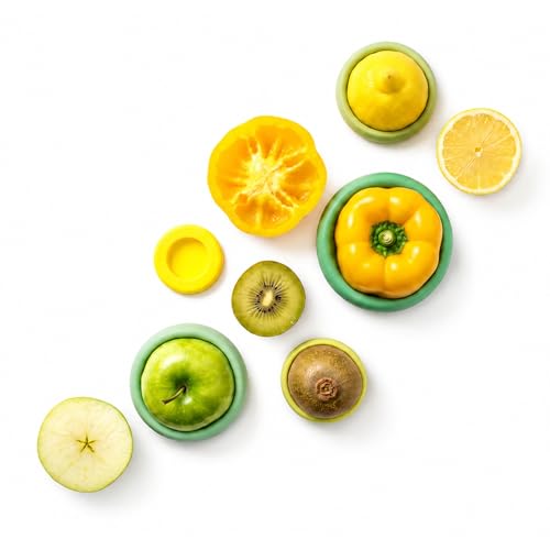 Food Huggers 5pc Reusable Silicone Food Savers | BPA Free | Plastic Free Food Storage | Dishwasher Safe | Fruit & Vegetable Produce Storage for Onion, Tomato, Lemon, Banana & Cans | Round, Sage Green