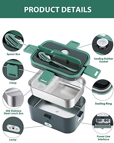 70W Faster Electric Heated Lunch Box[2023 Upgrade], Car Truck Food Warmer, 1.8L Larger Capacity 304 Stainless Steel Container For Car And Home/Office, With Carry Bag And Fork & Spoon (Grey+Green) #TOP6