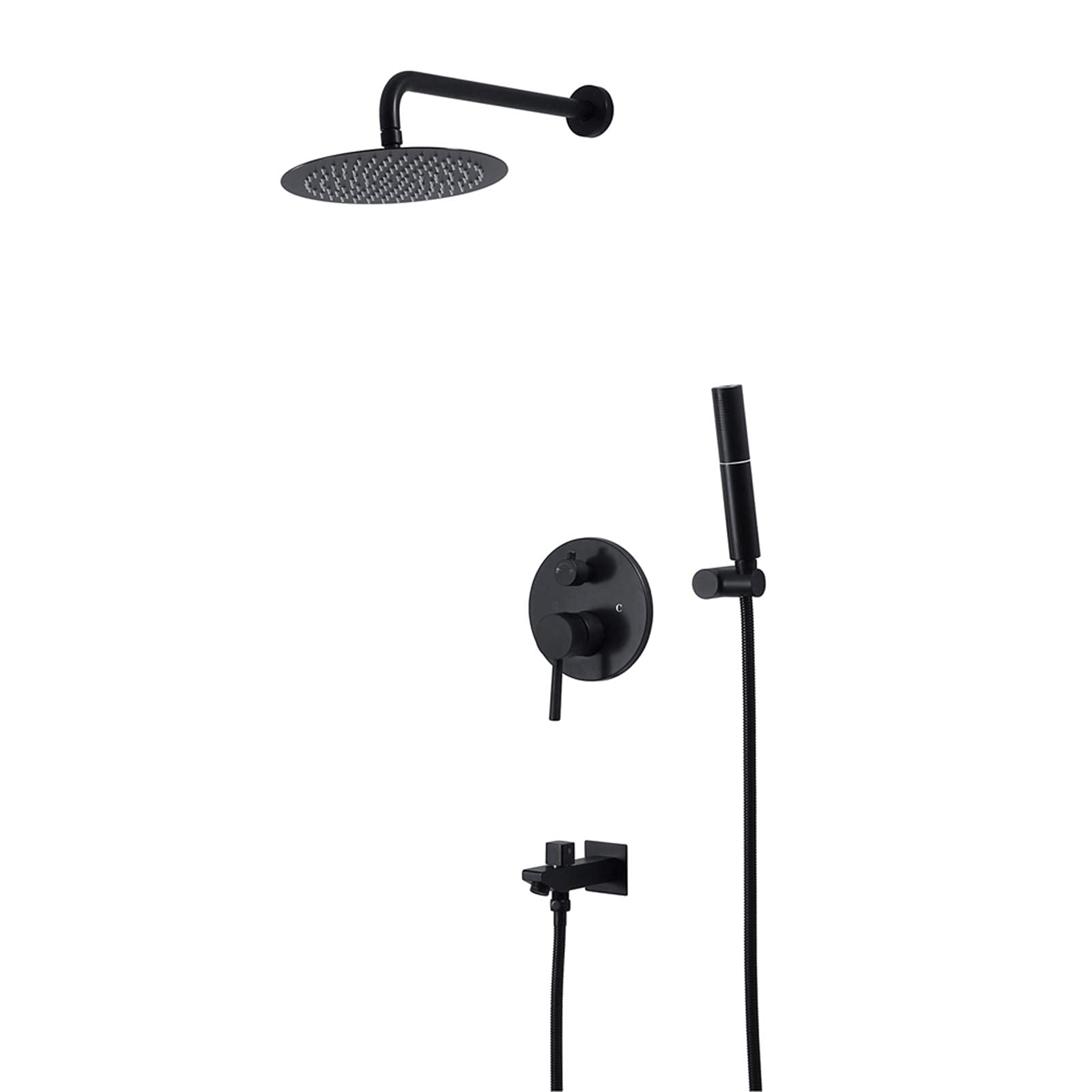 Set Combinato Doccia Miscelatore Black Rain, Rubinetto Doccia da Bagno a Parete con soffione Rotondo da 10 Pollici, doccetta a Mano, Bocca di erogazione per Vasca,