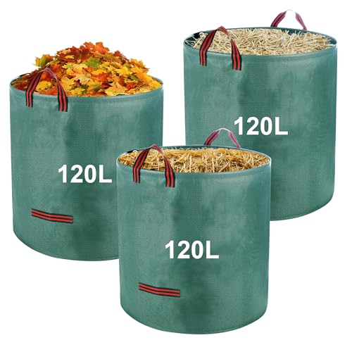 3 x 120L Gartenabfallsack Stabil, Gartensack Laubsack mit Griffen,Grünschnittsäcke Faltbar,Wasserdicht,für Gartenabfälle Rasenschnitt Unkraut