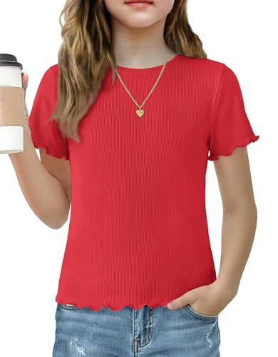 Arshiner Girls Short Sleeve Tops Lettuce Trim Crew Neck Ribbed Knit Slim Fitted Basic Tee Shirt Casual Summer Clothes Red 7-8 Years