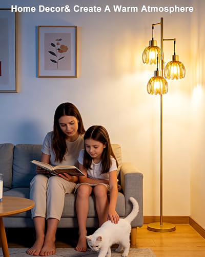 Image of Lightdot 65'' Glass Floor Lamp Dimmable Gold with Brown Lotus Glass Shade & 3000K Bulbs Included 3-Lights Modern Tall Standing Lamp with 5Lbs Heavy Base for Living Room /Bedroom /Sofa /Corner Decor
