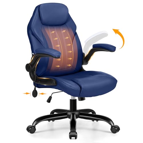 Ylzyxal Office Desk Chair Ergonomic Computer Chair with Padded Flip-Up Arms and Adjustable Lumbar Support PU Leather Executive Chair with Tilt Lock and 360 Swivel Rolling Wheels for Work Study