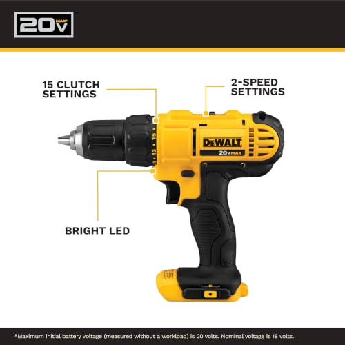 Image of DEWALT 20V Max Cordless Drill Driver Set, 2 Speed, High Performance Motor, Includes 2 XR 1.3Ah Li-Ion Batteries, Charger and Contractor Bag (DCD771C2)